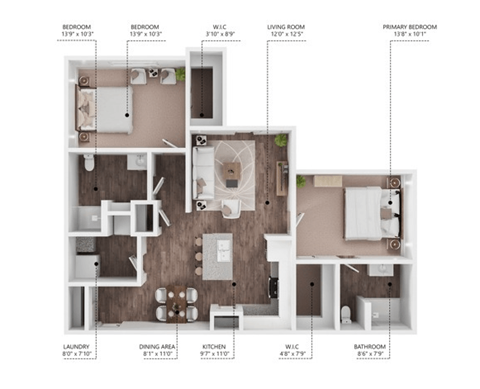 A floor plan of an apartment with a living room, two bedrooms, a dining area, a kitchen, a bathroom, and a laundry room.